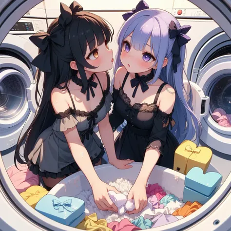 (masterpiece, best quality, detailed:1.5), lavender theme, 2girls, (imminent kiss, yuri:1.2), long hair, <lora:girllikewashingmachine:0.8> washing machine, laundry, fisheye lens, ribbon, camisole, <lora:edgGothGal_MINI:0.8> GothGal, wearing a GothGal outfit, dress, ribbon, frills, (soap bubbles:1.3), (heart-shaped eyes:1.2), heart ornament