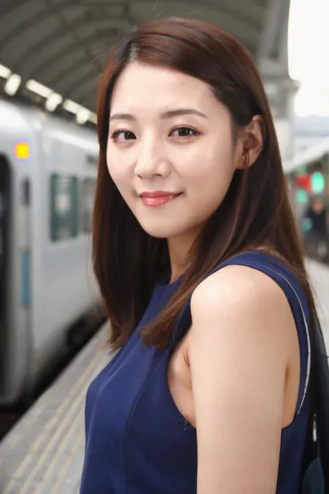 best quality and best aesthetic,A photo of a korean woman named koreanbabe04, <lora:koreanbabe04-amateurV1:0.8>,Look at the camera and smile naturally,wearing a dress,makeup,eyelash,upper body,detailed face, detailed facial features,detailed eyes,face,looking at viewer,Outdoor,train station background, Fujifilm XT3,film still,film grain,cinematic,<lyco:film grainV3:0.4>  <lora:ahegao cum_V2:0.5>