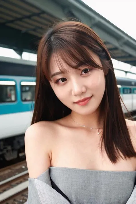 best quality and best aesthetic,photo of a korean woman named koreanbabe04 ,looking at viewer and facing viewer,<lyco:koreanbabe04-amateurV1:0.7> ,Look at the camera and smile naturally,wearing a dress,blunt bangs,(makeup,eyeshadow),eyelash,(photorealistic,realistic,skin texture,skin pores,high skin  detail),(upper body),detailed face, detailed facial features,detailed eyes,face,Outdoor,train station background, Fujifilm XT3,film still,film grain,cinematic <lyco:film grainV2:0.5>