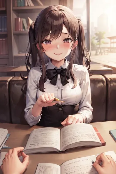 1girl, pov across table, table, implied masturbation, [smile, (blush:1.0), (heavy breathing:0.8), (closed mouth:1.0):0.4]
food, booth seating, book, reading, happy,
<lora:concept-pov_across_table-v1-000008:0.7>