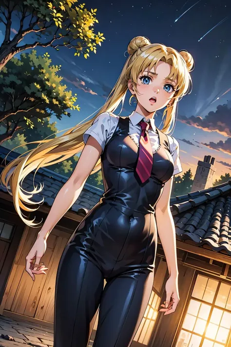 masterpiece, best quality, 1girl, solo, looking at viewer, <lora:EPsmSailorMoon-06:0.7>, EPsmSailorMoon, blonde hair, blue eyes, long hair, very long hair, twintails, hair bun, double bun
BREAK
rule of thirds, treetops city, dusk, arm at side, necktie, pants, roof box, monk strap, :o