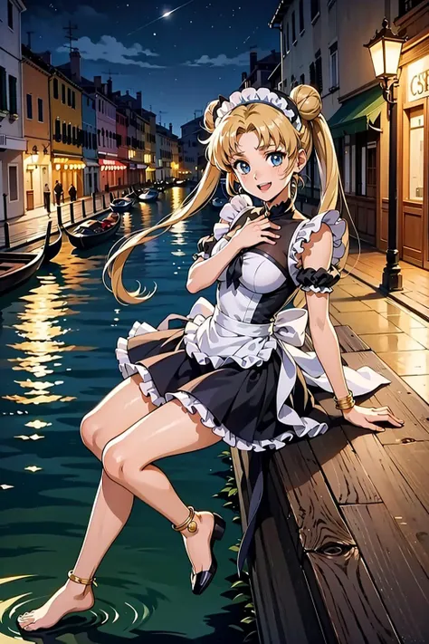 masterpiece, best quality, 1girl, solo, looking at viewer, <lora:EPsmSailorMoon-06:0.7>, EPsmSailorMoon, blonde hair, blue eyes, long hair, very long hair, twintails, hair bun, double bun
BREAK
asymmetry, venice, gondola ride, night, own hands together, maid costume, anklet, hair flower, green flower, laughing