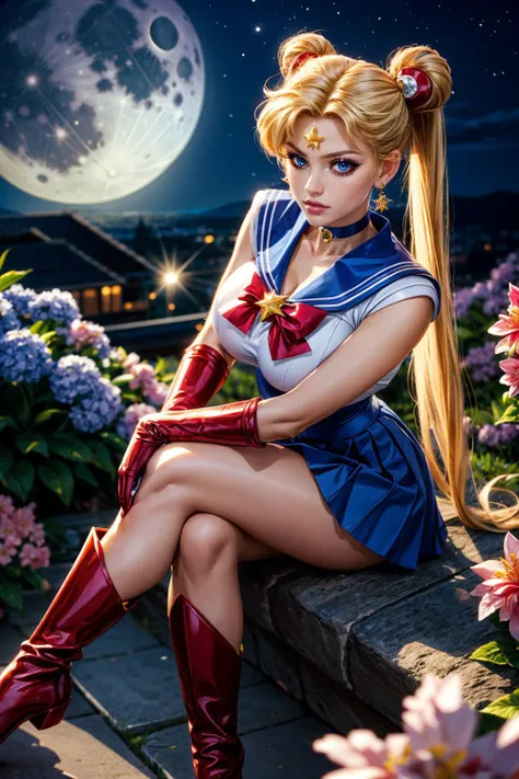 masterpiece, best quality, (1girl), supersailormoon, detailed face, smile, nigh sky, moonlight, moon, sakura trees, white gloves, detailed eyes, detailed face, fullbody, galazy background, gigantic breasts, giga_busty, front view from below
