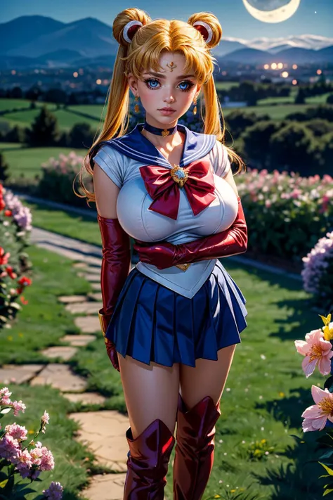 (masterpiece, best quality, ultra high resolution, 16k, absurdness:1.3), 1girl, (sexy, beautiful woman, perfect face, perfect eyes, perfect female body, huge breasts:1.5), (torn clothes:1.15, blonde hair:1.1, double bun:1.15, twin tails:1.1, parted bangs, circlet, jewelry, earrings, choker, red bow, white elbow gloves:1.1, blue skirt:1.15, red boots with white trim), (squat down and open legs to viewer:1.2, ultra detailed tongue out:1.4), on a rooftop, (inside realistic abandoned building:1.2, dark atmosphere:1.5, moon light), perfect lighting, smooth,