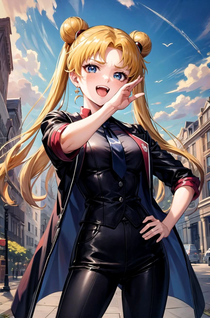 (masterpiece, best quality, detailed), 1girl, solo, looking at viewer, EPsmSailorMoon, blonde hair, blue eyes, long hair, very long hair, twintails, hair bun, double bun, crescent earrings, earrings, jewelry,
short sleeves, black pants, black necktie, red shirt, red gloves, jacket on shoulders, black jacket, town, building, flower, victorian, rose, outdoors, london, fountain, fisheye, <lora:OjouSamaPose:1>, ojou-sama pose, laughing, hand on hip, naughty face, smug,