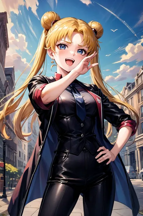 (masterpiece, best quality, detailed), 1girl, solo, looking at viewer, EPsmSailorMoon, blonde hair, blue eyes, long hair, very long hair, twintails, hair bun, double bun, crescent earrings, earrings, jewelry, 
short sleeves, black pants, black necktie, red shirt, red gloves, jacket on shoulders, black jacket, town, building, flower, victorian, rose, outdoors, london, fountain, fisheye, <lora:OjouSamaPose:1>, ojou-sama pose, laughing, hand on hip, naughty face, smug,