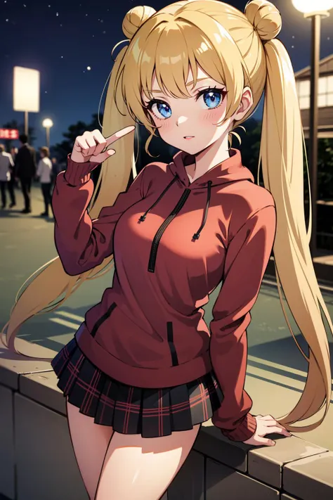 masterpiece, best quality, 1girl, solo, looking at viewer, <lora:EPsmSailorMoon-06:0.7>, EPsmSailorMoon, blonde hair, blue eyes, long hair, very long hair, twintails, hair bun, double bun
BREAK
wide angle, wide shot, cowboy shot, town, japanese architecture, evening, paw pose, animal hoodie, plaid_skirt, distracted, aloof, oblivious
