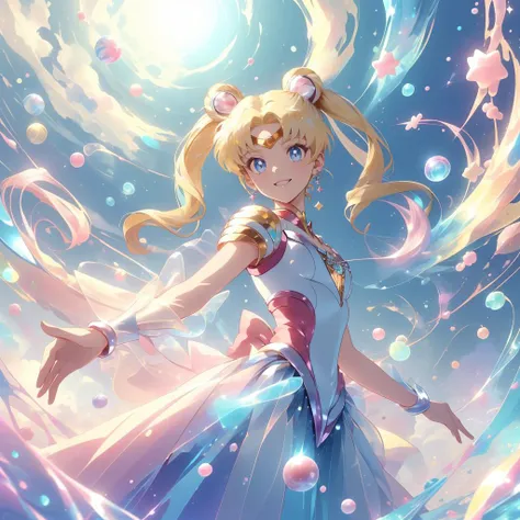 <lora:CandyMagic:0.8> candymagic , vibrant , sugary aura, blonde hair, smile, 
<lora:EPsmSailorMoon:0.8> EPsmSailorMoon, twintails, from below, looking down, glowing eyes,
