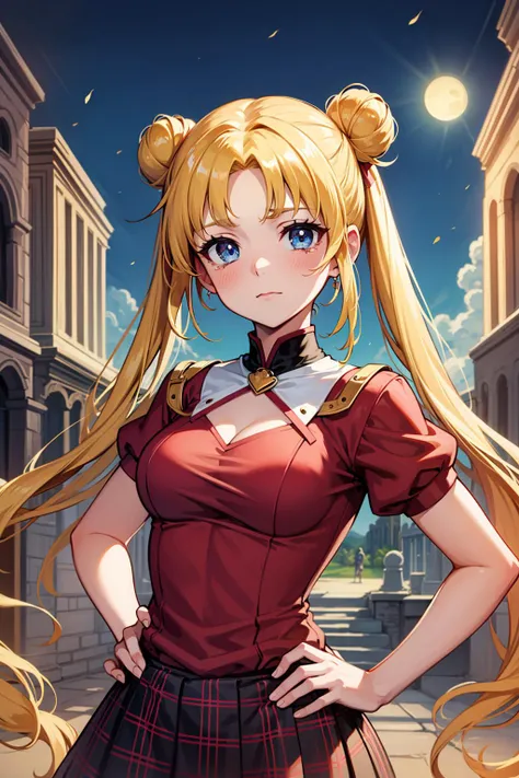 masterpiece, best quality, 1girl, solo, looking at viewer, <lora:EPsmSailorMoon-06:0.7>, EPsmSailorMoon, blonde hair, blue eyes, long hair, very long hair, twintails, hair bun, double bun
BREAK
fill the frame, ancient ruins, evening, pray hand on hip, short sleeves, plaid_skirt, hair ornament, tearing up