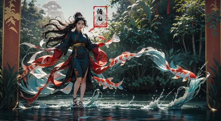 (solo focus:1.5)ultra-detailed(masterpiece:1.4)best qualityultra high res, cyan background(Real waterRealistic waterflowing water:1.2)ripples
(1girlsolo:1.5)kuri style,(long legs:1.1),(imid shot,macro shot:1.25),(Detailed face description), Chinese Antique Costume,chinese Martial Arts,large_breasts,Absurdly long hair,black hair
aqua Theme Chinese ThemeInk style,Combat postureA shot with tensiondetailed backgroundDouble exposure,
Buddha statueChinese architecture, (full body:1.7), A shot with tension(sky glows red,Visual impact,giving the poster a dynamic and visually striking appearance:1.2),Chinese Zen style,impactful picture,
(ether colorful ink flowing koi:1.3),gracefully twirls amidst a captivating whirlwind of vibrant silk ribbons, employing dynamic lighting to enhance the sense of motion and the striking colors,
<lora:~Q?-& koi:0.8>