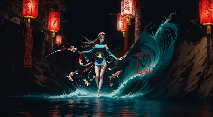 (solo focus:1.5)ultra-detailed(masterpiece:1.4)best qualityultra high res, cyan background(Real waterRealistic waterflowing water:1.2)ripples
(1girlsolo:1.5)kuri style,(long legs:1.1),(imid shot,macro shot:1.25),(Detailed face description), Chinese Antique Costume,chinese Martial Arts,large_breasts,Absurdly long hair,black hair
aqua Theme Chinese ThemeInk style,Combat postureA shot with tensiondetailed backgroundDouble exposure,
Buddha statueChinese architecture, (full body:1.7), A shot with tension(sky glows red,Visual impact,giving the poster a dynamic and visually striking appearance:1.2),Chinese Zen style,impactful picture,
(ether colorful ink flowing koi:1.3),gracefully twirls amidst a captivating whirlwind of vibrant silk ribbons, employing dynamic lighting to enhance the sense of motion and the striking colors,
<lora:~Q?-& koi:0.8>