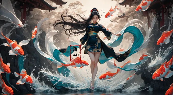 (solo focus:1.5)ultra-detailed(masterpiece:1.4)best qualityultra high res, cyan background(Real waterRealistic waterflowing water:1.2)ripples
(1girlsolo:1.5)kuri style,(long legs:1.1),(imid shot,macro shot:1.25),(Detailed face description), Chinese Antique Costume,chinese Martial Arts,large_breasts,Absurdly long hair,black hair
aqua Theme Chinese ThemeInk style,Combat postureA shot with tensiondetailed backgroundDouble exposure,
Buddha statueChinese architecture, (full body:1.7), A shot with tension(sky glows red,Visual impact,giving the poster a dynamic and visually striking appearance:1.2),Chinese Zen style,impactful picture,
(ether colorful ink flowing koi:1.3),gracefully twirls amidst a captivating whirlwind of vibrant silk ribbons, employing dynamic lighting to enhance the sense of motion and the striking colors,
<lora:~Q?-& koi:0.8>