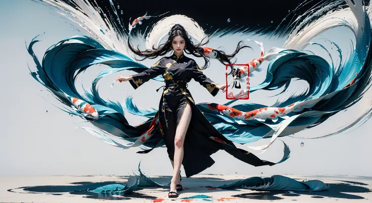 (solo focus:1.5)ultra-detailed(masterpiece:1.4)best qualityultra high res, cyan background
(1girlsolo:1.5)kuri style,(long legs:1.1),(imid shot,macro shot:1.25),(Detailed face description), Chinese Antique Costume,chinese Martial Arts,large_breasts,Absurdly long hair,black hair
aqua Theme Chinese ThemeInk style,Combat postureA shot with tensiondetailed backgroundDouble exposure,
Buddha statueChinese architecture, (full body:1.7),
(ether colorful ink flowing koi:1.3),gracefully twirls amidst a captivating whirlwind of vibrant silk ribbons, employing dynamic lighting to enhance the sense of motion and the striking colors,
<lora:~Q?-& koi:0.8>