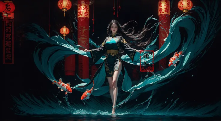 (solo focus:1.5)ultra-detailed(masterpiece:1.4)best qualityultra high res, cyan background(Real waterRealistic waterflowing water:1.2)ripples
(1girlsolo:1.5)kuri style,(long legs:1.1),(imid shot,macro shot:1.25),(Detailed face description), Chinese Antique Costume,chinese Martial Arts,large_breasts,Absurdly long hair,black hair
aqua Theme Chinese ThemeInk style,Combat postureA shot with tensiondetailed backgroundDouble exposure,
Buddha statueChinese architecture, (full body:1.7), A shot with tension(sky glows red,Visual impact,giving the poster a dynamic and visually striking appearance:1.2),Chinese Zen style,impactful picture,
(ether colorful ink flowing koi:1.3),gracefully twirls amidst a captivating whirlwind of vibrant silk ribbons, employing dynamic lighting to enhance the sense of motion and the striking colors,
<lora:~Q?-& koi:0.8>
