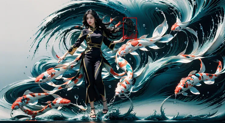 (solo focus:1.5)ultra-detailed(masterpiece:1.4)best qualityultra high res, cyan background
(1girlsolo:1.5)kuri style,(long legs:1.1),(imid shot,macro shot:1.25),(Detailed face description), Chinese Antique Costume,chinese Martial Arts,large_breasts,Absurdly long hair,black hair
aqua Theme Chinese ThemeInk style,Combat postureA shot with tensiondetailed backgroundDouble exposure,
Buddha statueChinese architecture, (full body:1.7),
(ether colorful ink flowing koi:1.3),gracefully twirls amidst a captivating whirlwind of vibrant silk ribbons, employing dynamic lighting to enhance the sense of motion and the striking colors,
<lora:~Q?-& koi:0.8>