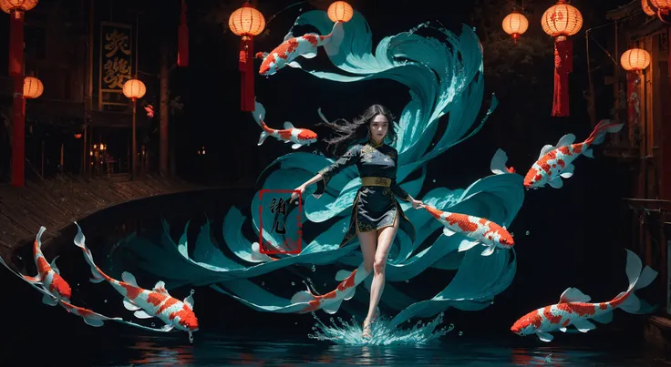(solo focus:1.5)ultra-detailed(masterpiece:1.4)best qualityultra high res, cyan background(Real waterRealistic waterflowing water:1.2)ripples
(1girlsolo:1.5)kuri style,(long legs:1.1),(imid shot,macro shot:1.25),(Detailed face description), Chinese Antique Costume,chinese Martial Arts,large_breasts,Absurdly long hair,black hair
aqua Theme Chinese ThemeInk style,Combat postureA shot with tensiondetailed backgroundDouble exposure,
Buddha statueChinese architecture, (full body:1.7), A shot with tension(sky glows red,Visual impact,giving the poster a dynamic and visually striking appearance:1.2),Chinese Zen style,impactful picture,
(ether colorful ink flowing koi:1.3),gracefully twirls amidst a captivating whirlwind of vibrant silk ribbons, employing dynamic lighting to enhance the sense of motion and the striking colors,
<lora:~Q?-& koi:0.8>