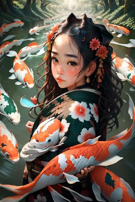 1girl in a mythical forest, masterpiece, perfect face, intricate details <lora:koi_20230922043950:1> Koi , photo_unp