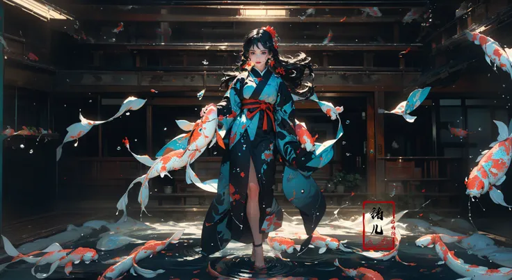 (solo focus:1.5)ultra-detailed(masterpiece:1.4)best qualityultra high resGround glass(english_text),multiple_girls,virtual_youtuber,
(1girlsolo:1.5)kuri style,(long legs:1.1),(imid shot,macro shot:1.25),(Detailed face description), Chinese Antique Costume,chinese Martial Arts,large_breasts,Absurdly long hair,black hair
(((Splash ink))), (((Ink style))), ((game_cg)), (((best quality))), (((ultra detailed))), (((masterpiece))), illustrationover, cover_page, letterboxed, long_hair, looking_at_viewer, pureerosface_v1((Detailed text))figure
aqua Theme Chinese ThemeInk style,Combat postureA shot with tensiondetailed backgroundDouble exposure,
Buddha statueChinese architecture,
line,badge,pattern,ultra realistic 8k cg, Splattered black ink,flawless, clean,Extreme flowing hair, masterpiece, professional artwork, famous artwork, cinematic lighting, cinematic bloom, (full body:1.7), ((nagative space:0.8),(drawing board:1.3),
(ether colorful ink flowing koi:1.3),gracefully twirls amidst a captivating whirlwind of vibrant silk ribbons, employing dynamic lighting to enhance the sense of motion and the striking colors,
{Extremely Delicate Beautiful},(detailed eye description),((Delicate Faces)),(Beautiful and detailed facial depiction),cold attitude,eyeshadow,eyeliner, <lora:koi_20230922043950-000020:0.8>