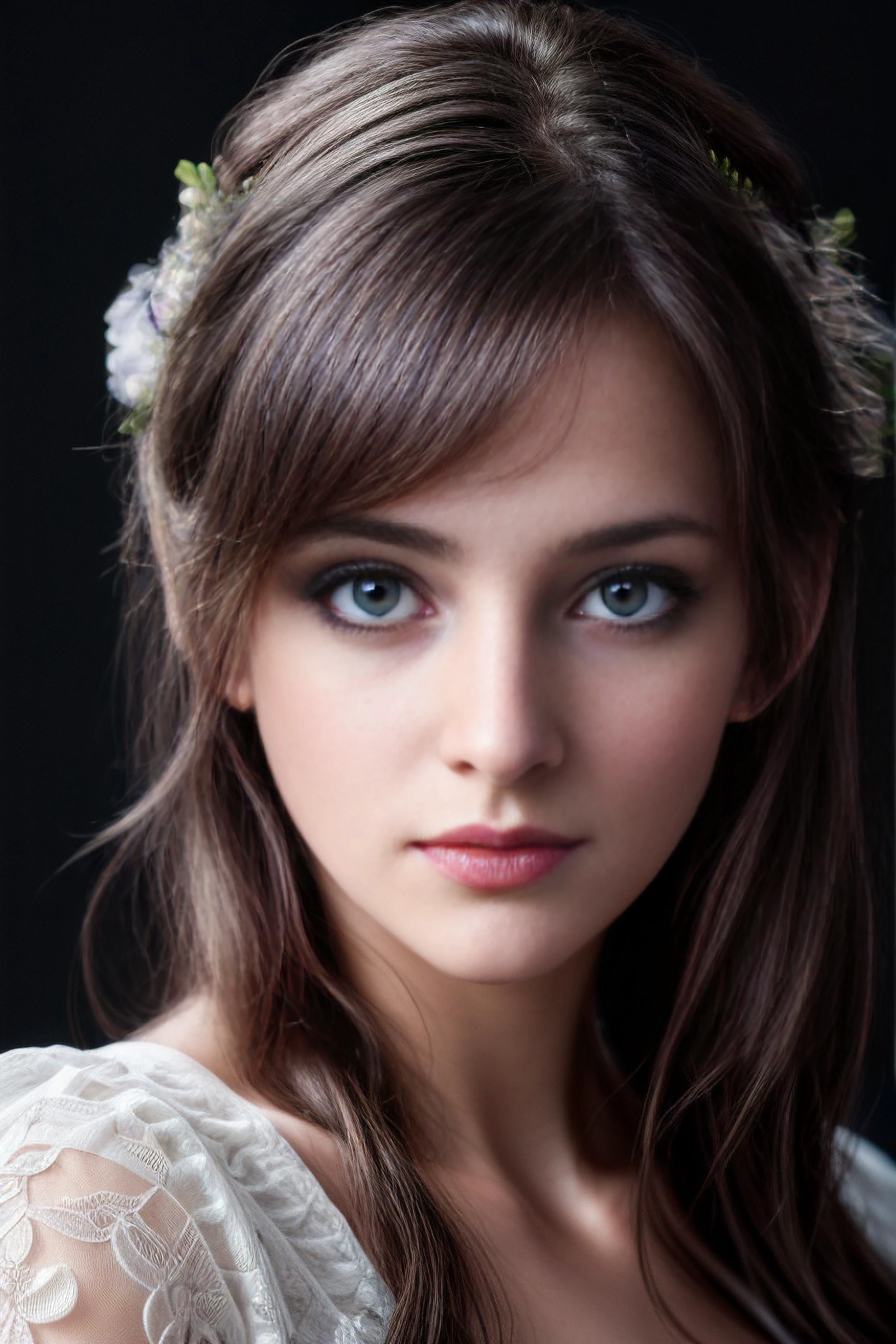 perfect portrait of a german young woman, CloseUp, extremely detailed heapece made of flowers, b34uty_g0wn_1, cutout shoulders, maximum details in the iris, very soft shadows, very soft light, SigmaArt 85mm, f1.2, Iso 600, slight image noise, <lora:xl_more_art-full_v1:0.8> <lora:RMSDXL_Enhance:0.8> <lora:PerfectEyesXL:0.8> blue eyes, perfecteyes, <lora:more_details:0.8> dark backround, deep Foto, Studio Shooting, <lora:LunafreyaFF:0.2>