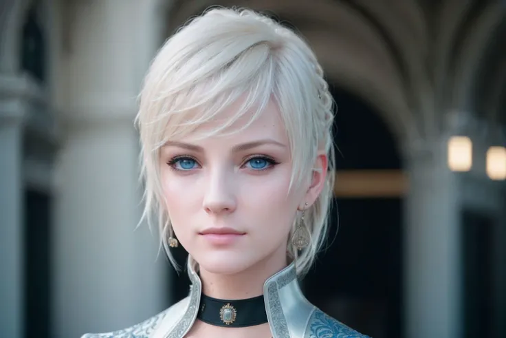 <lora:LunafreyaFF:0.67>, masterpiece, highest quality, RAW, analog style, A stunning portrait of a beautiful woman, pale skin, vibrant blue eyes, short platinum blonde hair, wearing a choker, wearing professional black business suit, ((highly detailed skin, skin details)), sharp focus, 8k UHD, DSLR, high quality, film grain, Fujifilm XT3, intricately detailed, highly detailed, cluttered and detailed background