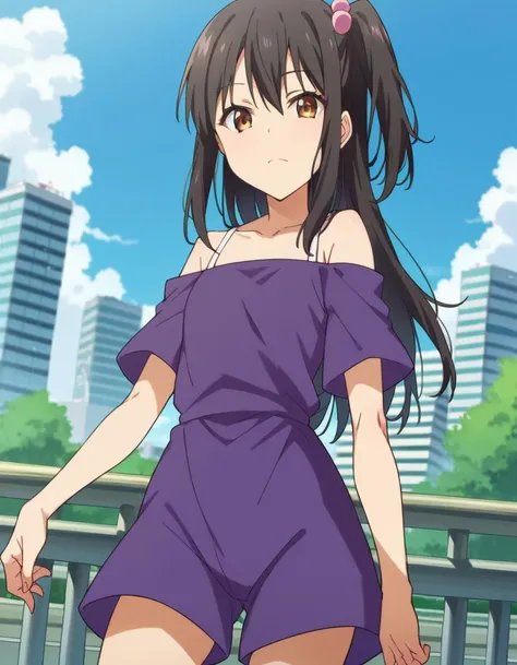 score_9, score_8_up, score_7_up, source_anime,
tenkaadachi, <lora:tenka-adachi-ponyxl-lora-nochekaiser:1>
tenka adachi, black hair, brown eyes, side ponytail, long hair, hair bobbles,
shorts, off shoulder, dress, purple dress,
outdoors, cityscape,
looking at viewer, dutch angle, cowboy shot,