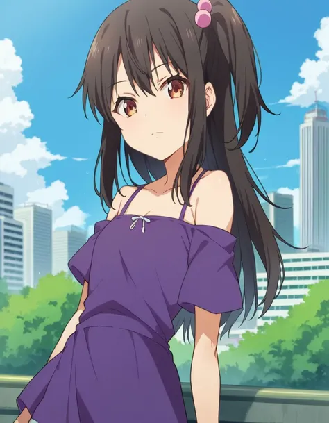 score_9, score_8_up, score_7_up, source_anime,
tenkaadachi, <lora:tenka-adachi-ponyxl-lora-nochekaiser:1>
tenka adachi, black hair, brown eyes, side ponytail, long hair, hair bobbles,
shorts, off shoulder, dress, purple dress,
outdoors, cityscape,
looking at viewer, dutch angle, cowboy shot,