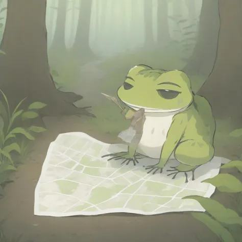 a frog is looking at map in forest,
tabikaeru,<lora:sdxl_lora_tabikaeru:1>,