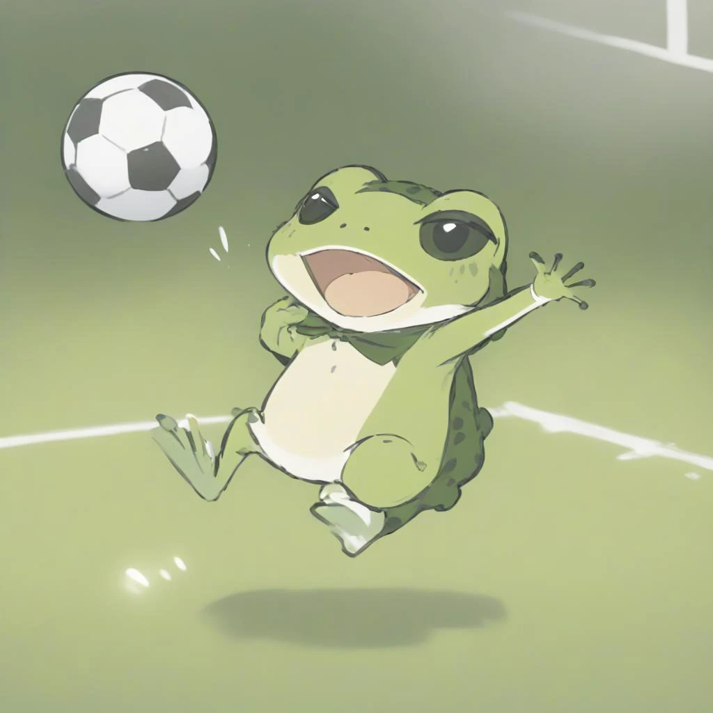 a frog is kicking a football,
tabikaeru,<lora:sdxl_lora_tabikaeru:1>,