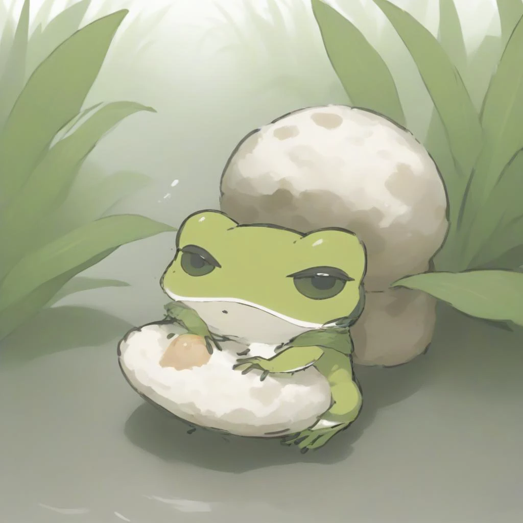 a frog is traveling with a rice ball,tabikaeru,<lora:sdxl_lora_tabikaeru:1>,