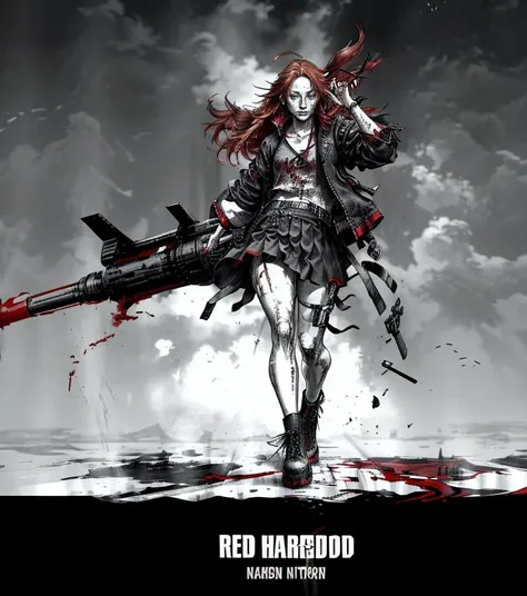 (red hair:1.2), PunkAI, vagabond_style, manga panel, monochrome, greyscale, 1girl, long hair, punk skirt, heavy jacket, smirk, blood splatter, fighting, tokyo city, <lora:add_detail_no_trigger:1> <lora:PunkAI:0.6><lora:vagabond_style:1>