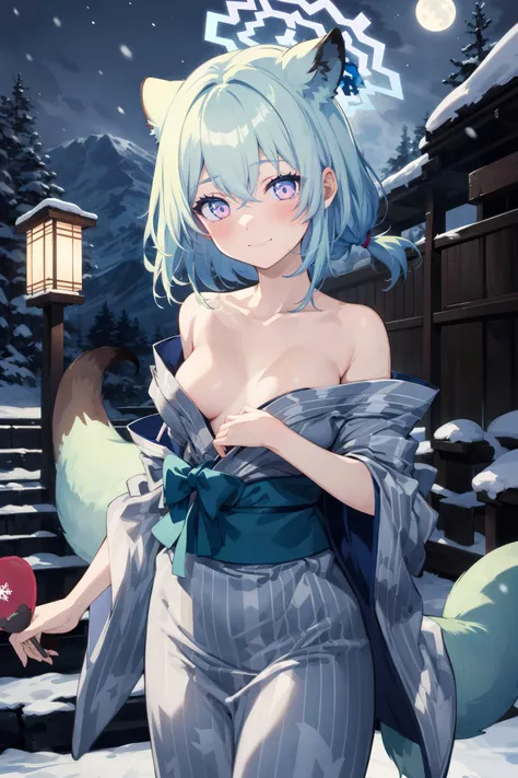 A masterful, photorealistic portrait of a beautiful young woman with striking white hair, fox ears, blue eyes and a fox tail, sitting in an onsen (hot spring) scene at night, wearing a traditional Japanese kimono, smiling softly with a serene expression, bathed in ambient lighting, viewed from an upper body perspective.