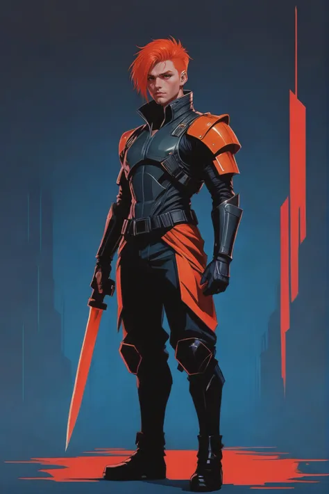 minimalist 1980s cyberpunk poster, (full body:1.2), 1boy, man, ruggedly handsome, solo, [:creative costume design,:0.2] battlemage, caucasian, orangered hair, (average:1) build<lora:EnvyStarlight80sScifiPoster01:1>