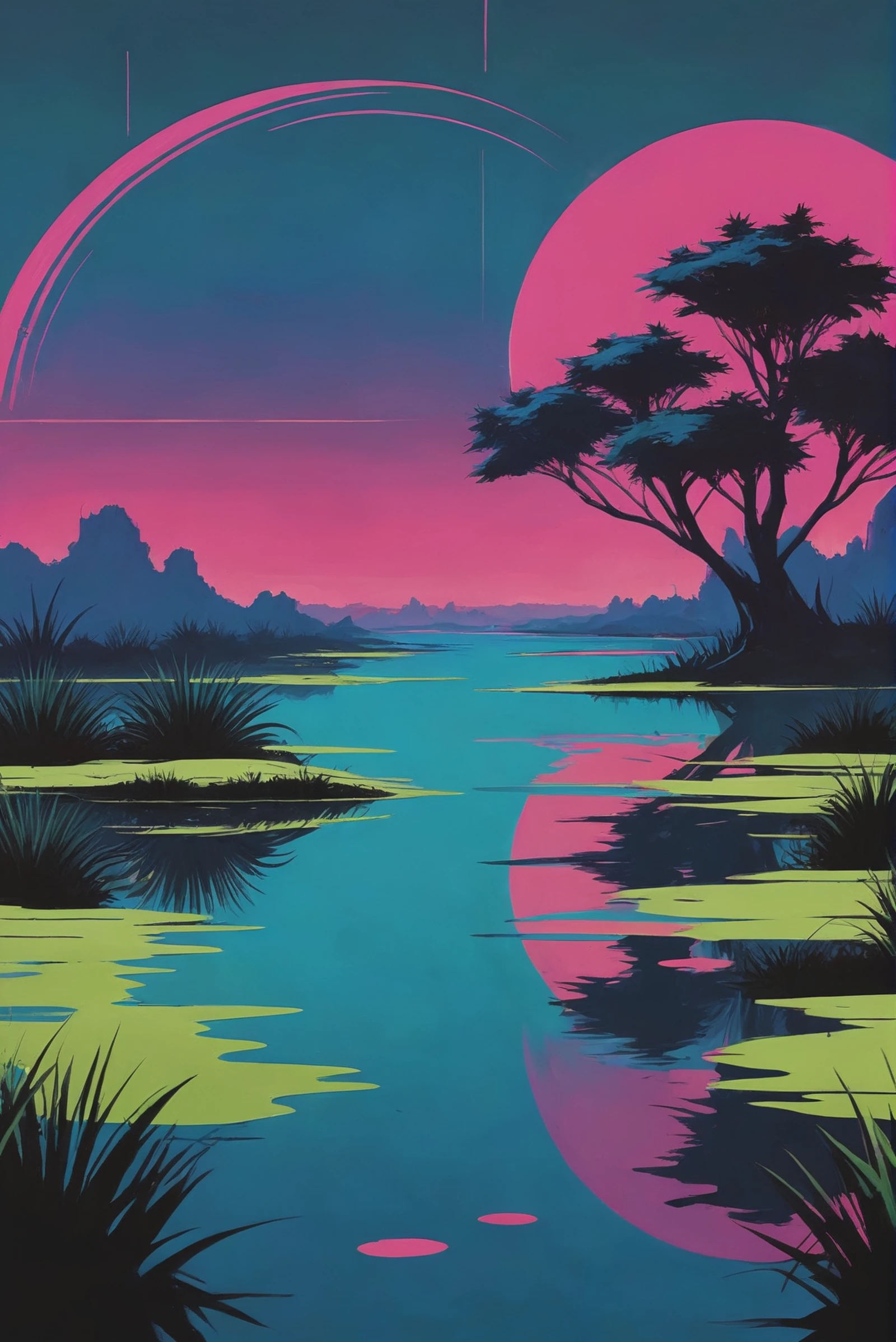 minimalist 1980s synthwave poster, Algae Bloom Ponds<lora:EnvyStarlight80sScifiPoster01:1>
