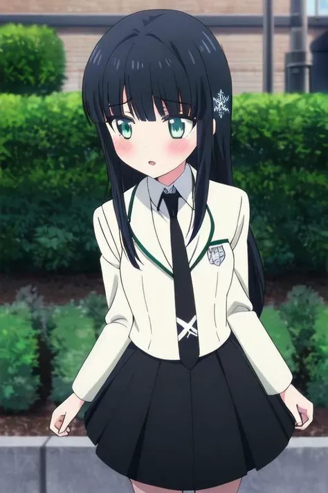 masterpiece, best quality,,<lora:GoodHands-vanilla:0.8> <lora:anmnr01:0.3> <lora:add_detail:0.5> ,1girl, <lora:MahoukaMiyuki-v1-04:0.6>, ChopioMiyuki, black hair, sidelocks, blunt bangs,long hair, snowflake hair ornament,outfit_1, green open jacket, black necktie, white long collared dress,crouch,cowboy shot,cinematic angle,blush ,school garden