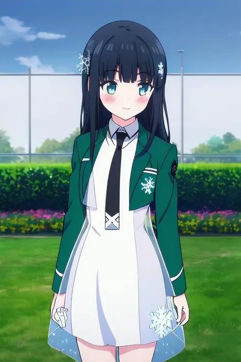 masterpiece, best quality,,<lora:GoodHands-vanilla:0.8> <lora:anmnr01:0.3> <lora:add_detail:0.5> ,1girl, <lora:MahoukaMiyuki-v1-04:0.6>, ChopioMiyuki, black hair, sidelocks, blunt bangs,long hair, snowflake hair ornament,outfit_1, (green open jacket, black necktie, white long collared dress, see-through),stylish pose,cowboy shot,cinematic angle,blush ,smile,school garden