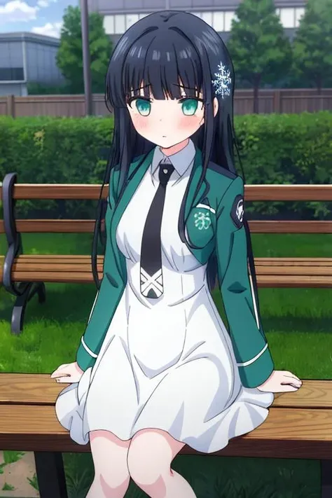 masterpiece, best quality,,<lora:GoodHands-vanilla:0.8> <lora:anmnr01:0.3> <lora:add_detail:0.5> ,1girl, <lora:MahoukaMiyuki-v1-04:0.6>, ChopioMiyuki, black hair, sidelocks, blunt bangs,long hair, snowflake hair ornament,outfit_1, green open jacket, black necktie, white long collared dress,cowboy shot,cinematic angle,blush ,school garden,sitting bench