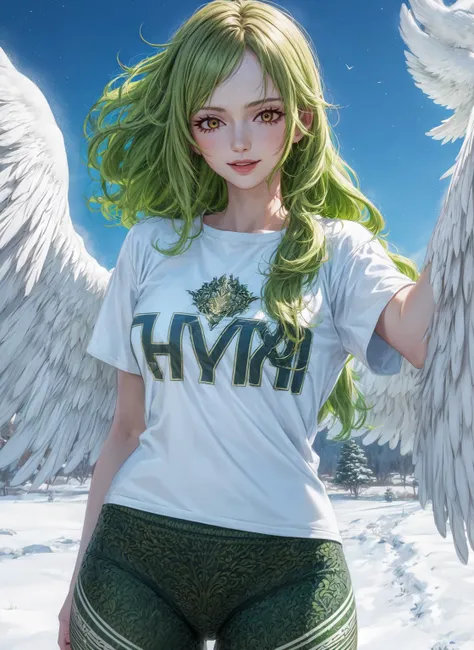 masterpiece, best quality, beautiful lighting, ((ultra detailed background, delicate pattern, intricate detail)), (highly detailed, fine details), complex detailed background, sky, blue sky, winter, snow, outside, nature environment, sunny, 
1girl, solo, ((medium breasts, slim girl)), (((white feathered wings, winged arms))), (green hair:1.5), long hair, smile, green T-shirt, (orange striped leggins), sport pants, covered shoulders, monster girl, harpy, yellow eyes, (cowboy shot:1.2), 
Monet, <lora:Monet-v1:0.75:lbw=KEEPCHAR>, <lyco:GoodHands-beta2:2>, <lora:add_detail:1>,