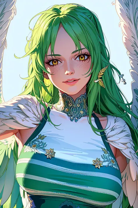 ultra realistic 8k cg, masterpiece, (ultra detailed background, delicate pattern, intricate detail), (highly detailed, fine details), best quality, (photorealistic:1.4),beautiful lighting, absurdres, RAW photo, film grain, ((medium breasts, slim girl, close-up, portrait)), (((white feathered wings, winged arms))), complex detailed background, outside, nature environment, winter, snow, rocks, sunny, blue sky, sky, Monet, 1girl, solo, green hair, long hair, smile, green T-shirt, striped leggins, covered shoulders, monster girl, harpy, yellow eyes, <lora:MonetEight:0.8>