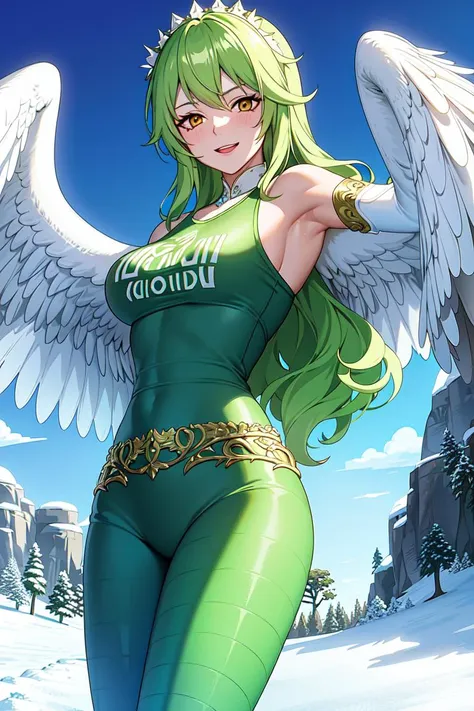 masterpiece, (ultra detailed background, delicate pattern, intricate detail), (highly detailed, fine details), best quality, ((medium breasts, slim girl, cowboy shot)), (((white feathered wings, winged arms))), complex detailed background, outside, nature environment, winter, snow, rocks, sunny, blue sky, sky, Monet, 1girl, solo, green hair, long hair, smile, green T-shirt, striped leggins, covered shoulders, monster girl, harpy, yellow eyes, <lora:MonetEight:0.7>