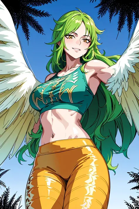 masterpiece, (ultra detailed background, delicate pattern, intricate detail), (highly detailed, fine details), best quality, beautiful lighting, absurdres, film grain, ((medium breasts, slim girl, cowboy shot)), (((white feathered wings, winged arms))), complex detailed background, outside, nature environment, winter, snow, rocks, sunny, blue sky, sky, Monet, 1girl, solo, green hair, long hair, smile, green T-shirt, (orange striped leggins), sport pants, covered shoulders, monster girl, harpy, yellow eyes, <lora:MonetEight:0.75>