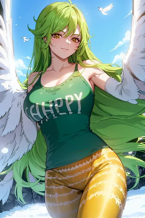 masterpiece, (ultra detailed background, delicate pattern, intricate detail), (highly detailed, fine details), best quality, beautiful lighting, absurdres, film grain, ((medium breasts, slim girl, cowboy shot)), (((white feathered wings, winged arms))), complex detailed background, outside, nature environment, winter, snow, rocks, sunny, blue sky, sky, Monet, 1girl, solo, green hair, long hair, smile, green T-shirt, (orange striped leggins), sport pants, covered shoulders, monster girl, harpy, yellow eyes, <lora:MonetEight:0.7>
