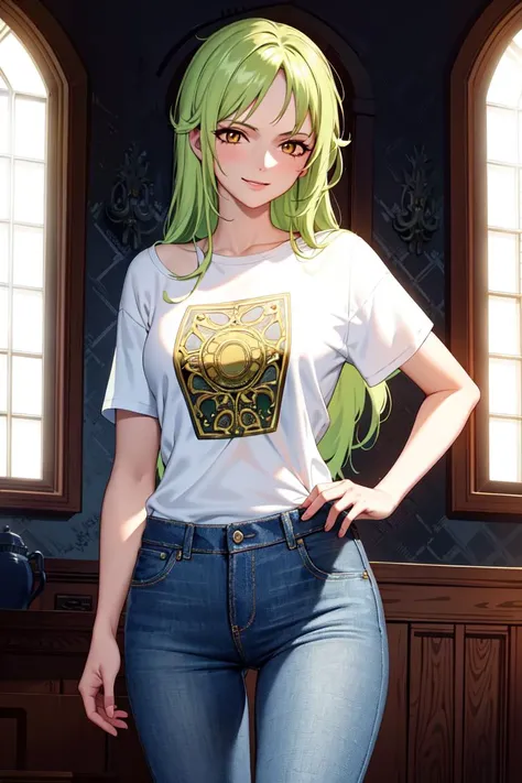 masterpiece, (ultra detailed background, delicate pattern, intricate detail), (highly detailed, fine details), best quality, ((medium breasts, slim girl, cowboy shot)), complex detailed background, inside, castle room environment, medieval castle, gray walls, window, bookshelf, Monet, 1girl, solo, green hair, long hair, smile, (white T-shirt, simple T-shirt, jeans), covered shoulders, yellow eyes, <lora:MonetEight:0.75>