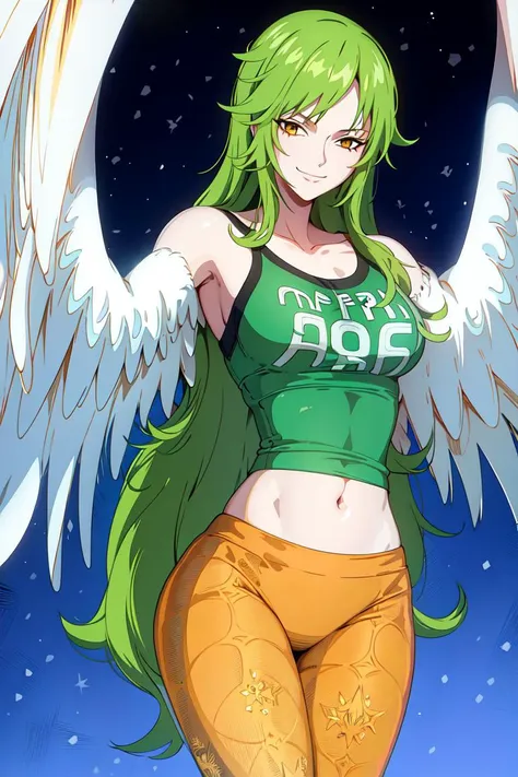 masterpiece, (ultra detailed background, delicate pattern, intricate detail), (highly detailed, fine details), best quality, beautiful lighting, absurdres, film grain, ((medium breasts, slim girl, cowboy shot)), (((white feathered wings, winged arms))), complex detailed background, outside, nature environment, winter, snow, rocks, sunny, blue sky, sky, Monet, 1girl, solo, green hair, long hair, smile, green T-shirt, (orange striped leggins), sport pants, covered shoulders, monster girl, harpy, yellow eyes, <lora:MonetEight:0.85>