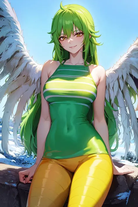 masterpiece, (ultra detailed background, delicate pattern, intricate detail), (highly detailed, fine details), best quality, beautiful lighting, absurdres, film grain, ((medium breasts, slim girl, cowboy shot)), (((white feathered wings, winged arms))), complex detailed background, outside, nature environment, winter, snow, rocks, sunny, blue sky, sky, Monet, 1girl, solo, green hair, long hair, smile, green T-shirt, (orange striped leggins), sport pants, covered shoulders, monster girl, harpy, yellow eyes, <lora:MonetEight:0.7>