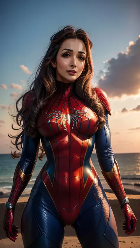 (masterpiece), best quality, perfect face, 1girl, nsfw, medium shot, spiderman armor suit, MalaikaArora, <lora:MalaikaArora:1>