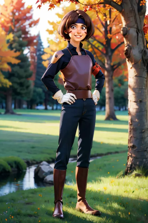 Smellerbee,short brown hair, facial mark, brown eyes, eyeliner,headband,white gloves, brown top,long sleeves, shoulder pad, red armband, pants, sash, boots, looking at viewer, smiling, standing, full body shot, hands on hips, outside, forest, grass, river, trees, autumn, dusk, sunset, high quality, masterpiece, <lora:Smellerbee:.8>