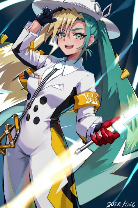 (masterpiece, best quality, highres, ultra detailed:1.2), (solo, 1girl, cowboy shot), denkimiku, gloves, twintails, hat, long sleeves, green hair, blonde hair, shirt, green eyes, pants, lightning earrings, BREAK, smile, (dynamic pose, lightning, storm, electricity)