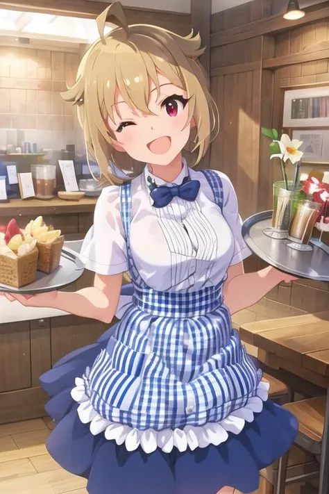 absurdres, highres, masterpiece, best quality, cinematic light, 1girl,
tsubasa ibuki (million live), kobeya uniform, white shirt, short sleeves, blue bowtie, (blue plaid apron:1.2), blue skirt, high-waist skirt, waitress, sliver tray,
smile, one eye closed, (looking at viewer:1.1),
 <lora:Tsubasa_Ibuki:0.95>, <lora:kobeya uniform_Loha:0.6>