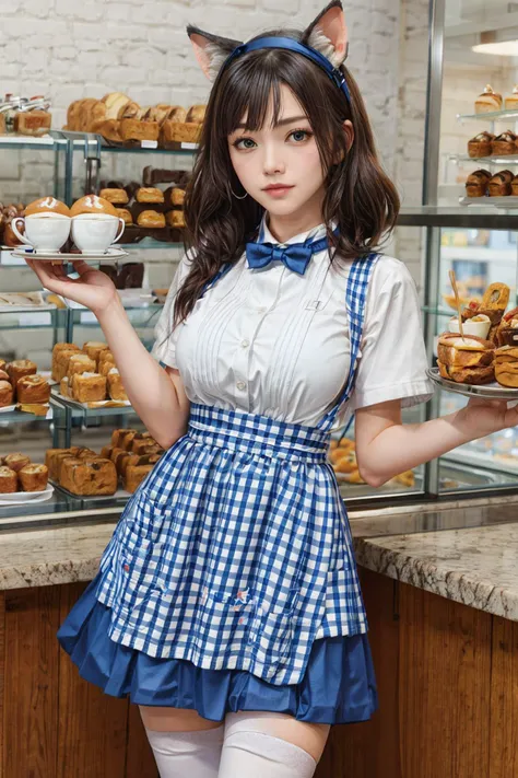 kobeya uniform, tongs, 1girl, solo, gigantic breasts, short sleeves, bowtie,(plaid apron:0.8),(apron:1.6),blue bowtie, (blue simple mini skirt:1.8), blue bow,basket, high-waist skirt, alternate costume,  looking at viewer,button gap, (cafe:1.4),(white thigh-high stockings:1.4),cowboy shot,bakery background,cat ears, window,
 <lora:kobeyaUniform_v1:0.7> <lora:enako-v2:0.25> <lora:age_v2:2>