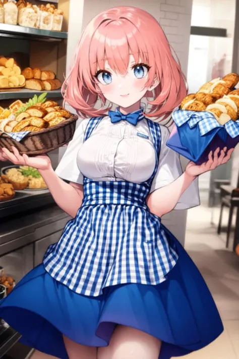 <lora:kobeya uniform_Loha:1>, kobeya uniform, tongs, 1girl, solo, breasts, bread, short sleeves, bowtie, food, blue apron, apron, skirt, blue bowtie, white shirt, shirt, blue skirt, blue bow, bow, basket, employee uniform, smile, holding, high-waist skirt, alternate costume, uniform, blush, holding basket, looking at viewer, plaid, waitress, button gap, cafe,